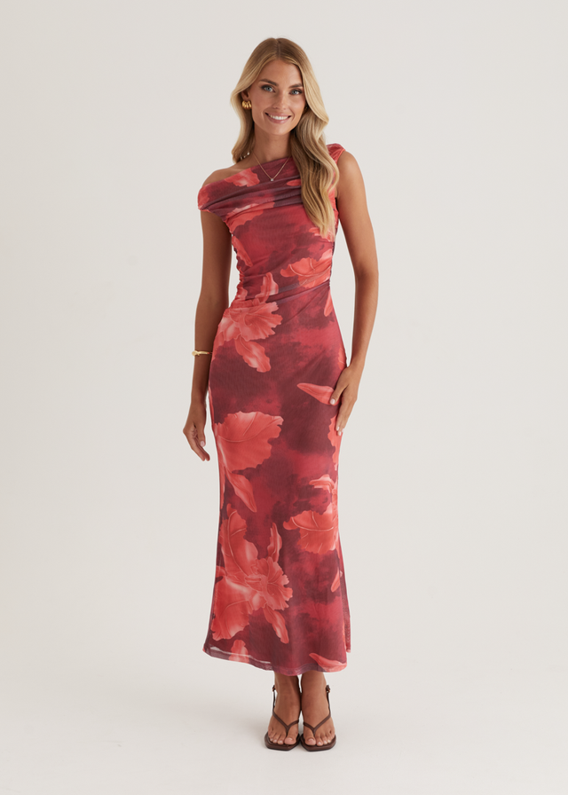 Kimili One Shoulder Mesh Maxi Dress - Red Floral