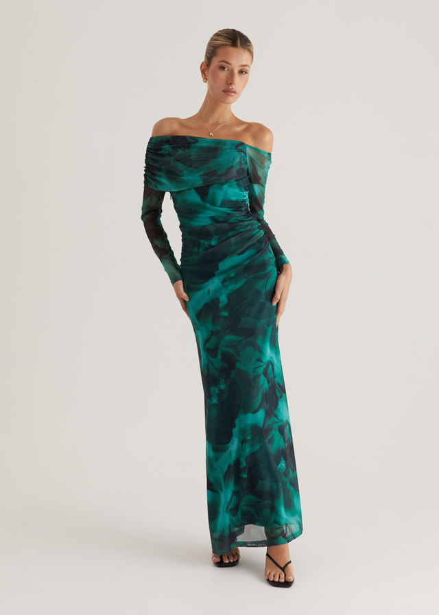 Nix Off Shoulder Maxi Dress - Emerald Watercolour