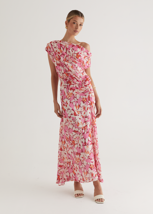 Helix Off Shoulder Midi Dress - Rio Pink