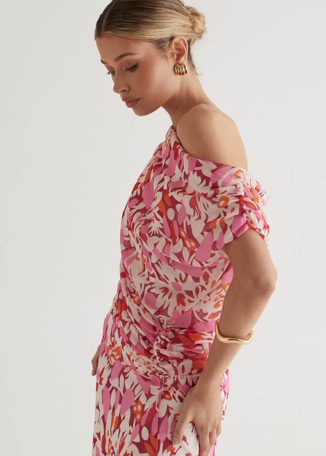 Helix Off Shoulder Midi Dress - Rio Pink