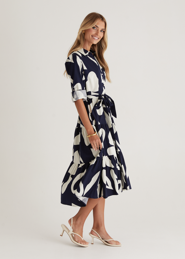 Maybelle Midi Dress - Navy Leaf