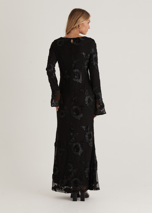 Kya Mesh Maxi Dress - Black Embroidered