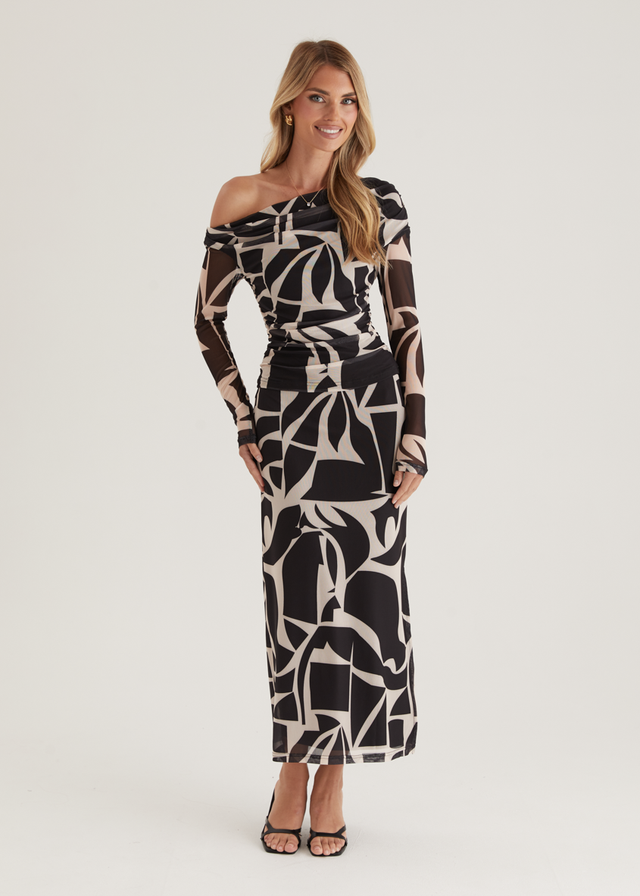 Mimi Drop Shoulder Mesh Top - Black Abstract