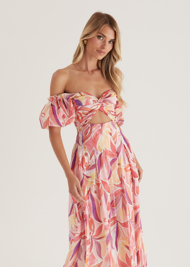 Bolero Off Shoulder Maxi Dress - Pink Abstract