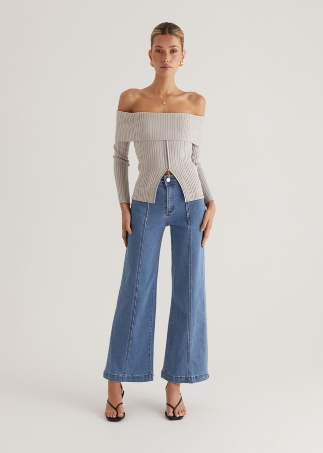 Ember Off Shoulder Knit Top - Stone